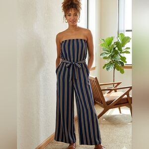 Blush Navy Striped Strapless Wide Leg Jumpsuit Size XL - Mustard & White Stripes